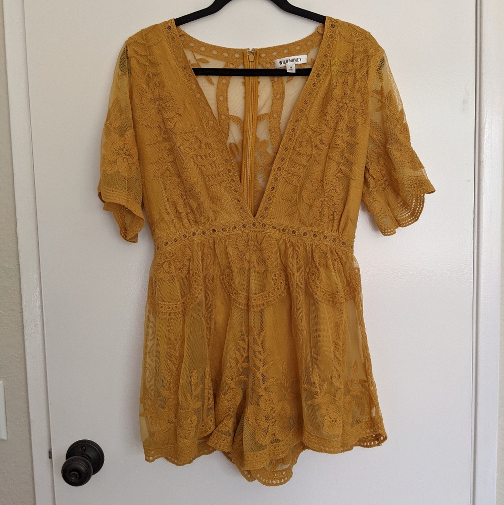 Wild Honey - Mustard Yellow Lace Romper - Size M